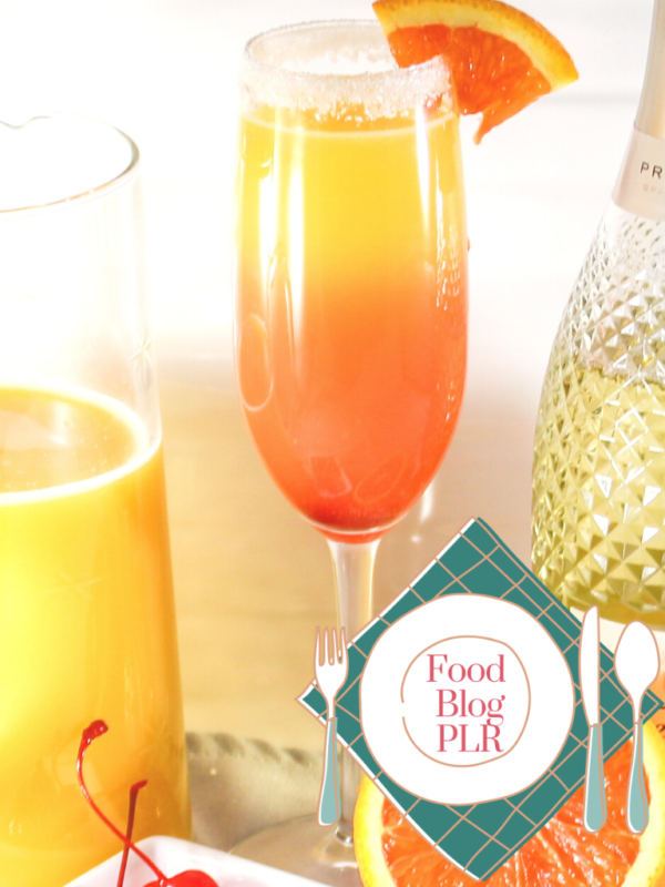 Sunrise mimosa, orange juice, cherries, and Prosecco in front of a white background with the FoodBlogPLR logo